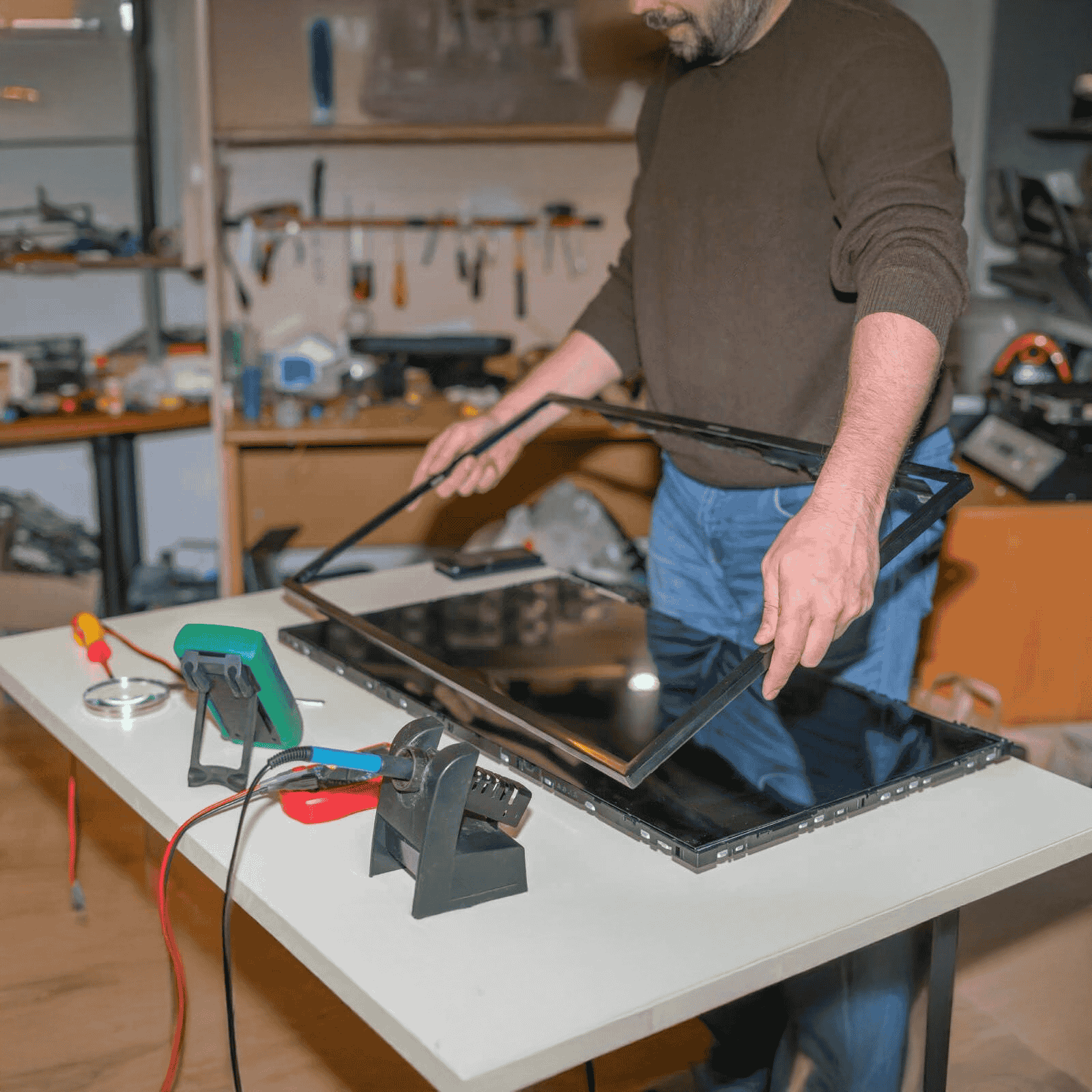 AK TV Repair Service Center experts carefully repairing a flat-screen display panel using professional tools in a well-equipped workshop.