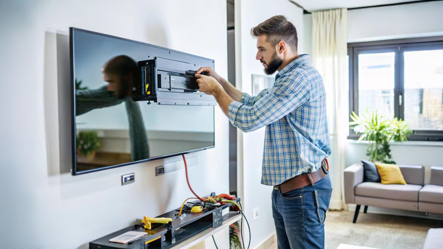 Professional technician mounting a flat-screen Smart TV on a wall in a modern living room, ensuring secure and precise installation.